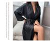 Women's Black Mid-Length Pajamas Cardigan, French Bathrobe, Long Sleeve Nightgown for Spring & Summer