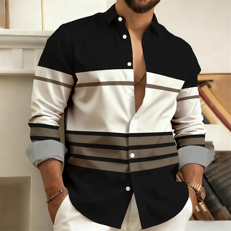 Men's Color-Block Striped Long-Sleeved Shirt, Business Casual Lapel Shirt, Fashionable Men's Top, Available In Sizes