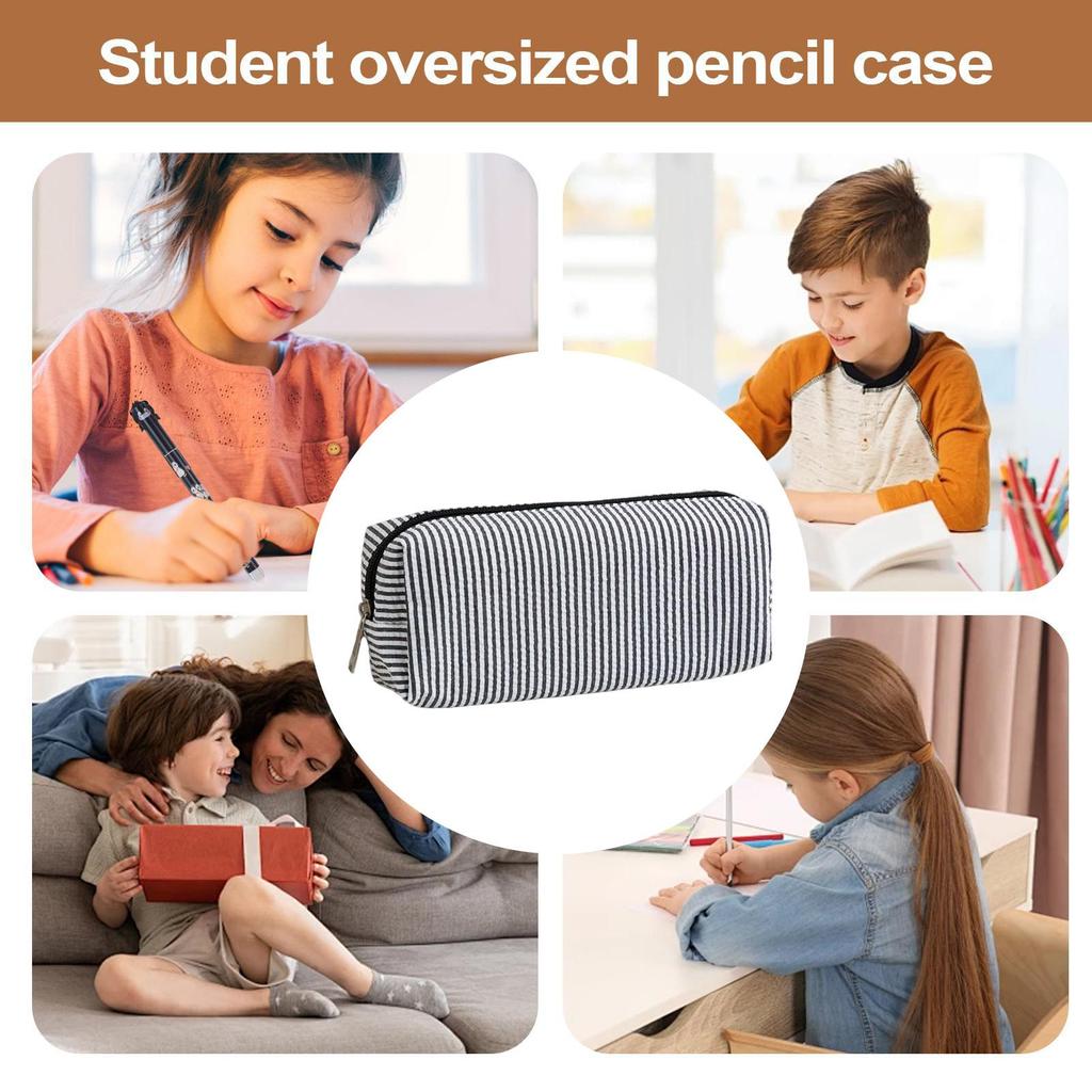 Simple Seersucker Pencil Case Fresh Stripe Pencil Storage Bag Large-Capacity Stationery Pouch Travel Cosmetic Bag Student Gifts