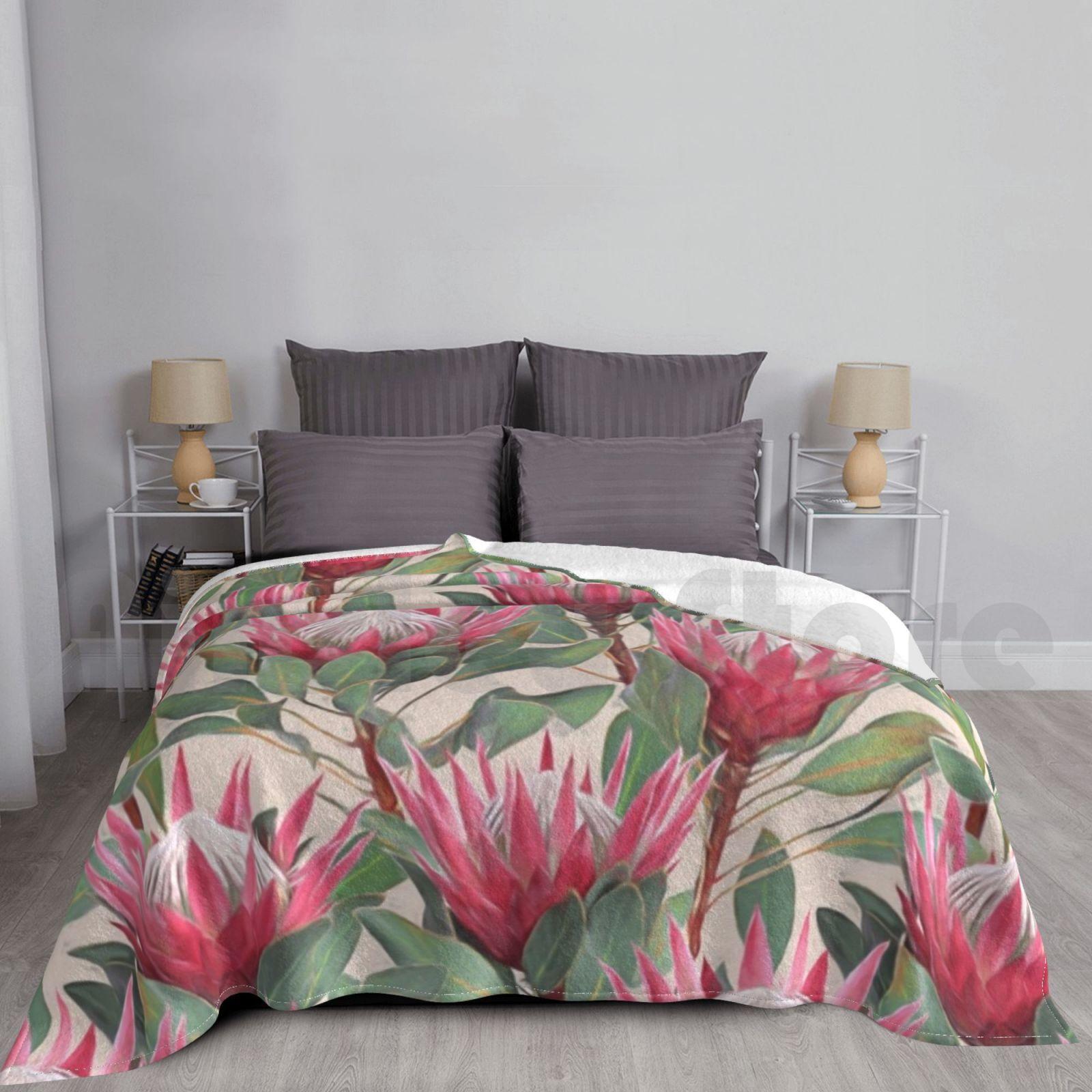 Blanket Painted King Proteas On Cream 2448 Protea King Proteas Floral Flower Pattern Painted Size: 75*100cm, Weight: 230 GSM