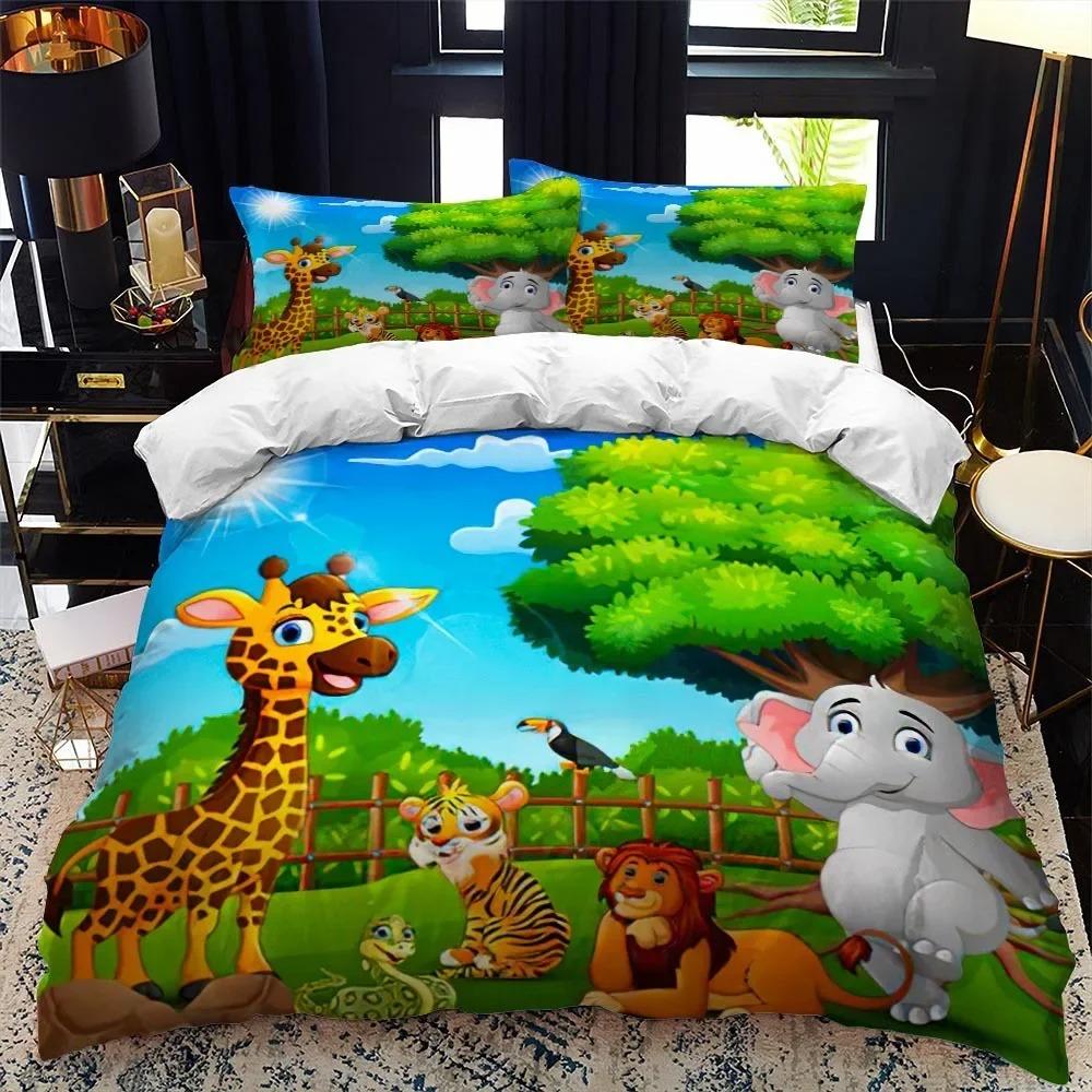 Cartoon Animal Duvet Cover King Queen Zoo Tiger Elephant Lion Bedding Set Kids Colorful Wildlife 2/3pcs Polyester Quilt Cover