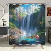 1Pc Fantasy Waterfall Shower Curtain - Vibrant Tropical Landscape With Pink Flamingo & Majestic Deer, Machine Washable Polyester
