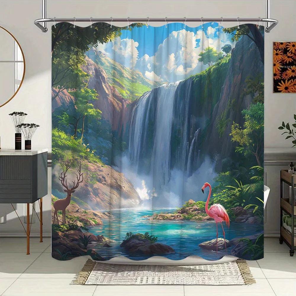 1Pc Fantasy Waterfall Shower Curtain - Vibrant Tropical Landscape With Pink Flamingo & Majestic Deer, Machine Washable Polyester