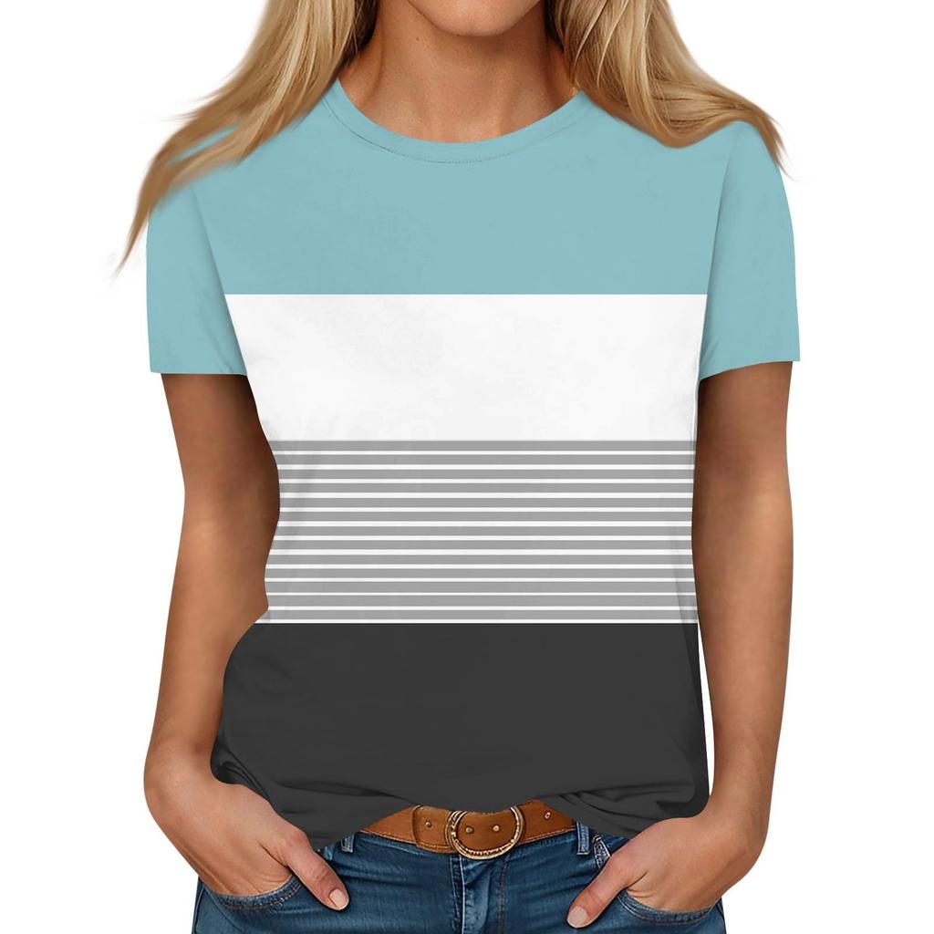 Summer Round Neck 3D Color - Block and Striped Print Top Fashionable Casual Short Sleeved Women's T-shirts