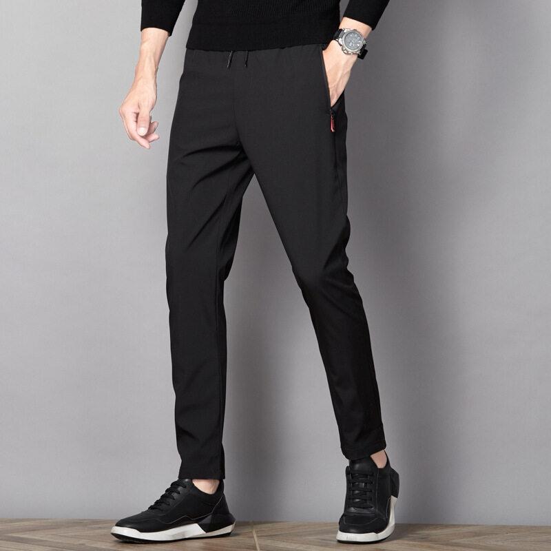 Men's Ice Silk Pants Summer Men's Casual Sports Pants Gray Zipper Pockets Slim Straight Breathable Lightweight Cool Feeling