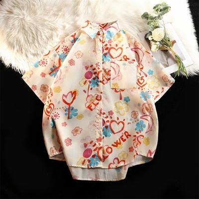 Printed Short Sleeved Shirt for Women Loose Casual Style Shirts Retro Turn-down Collar Summer Clothing