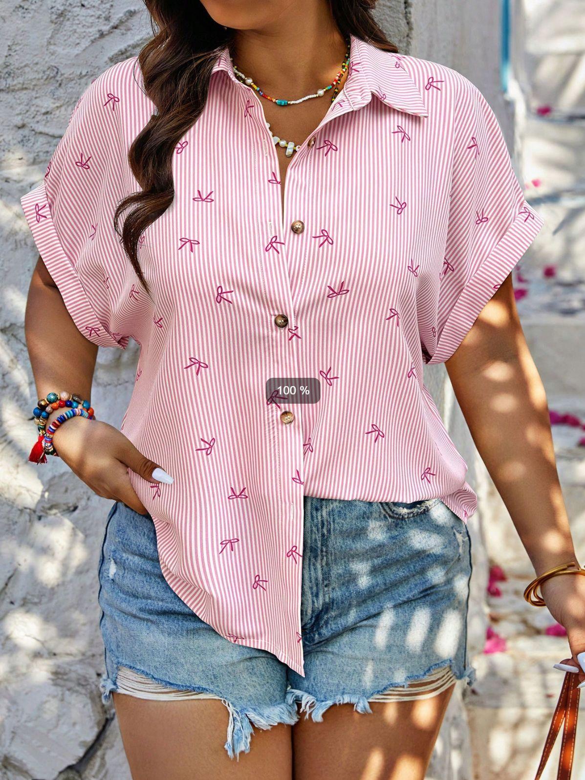

Women s Short Sleeve Striped Shirt with Heart Print, Multiple Colors 0XL розовый