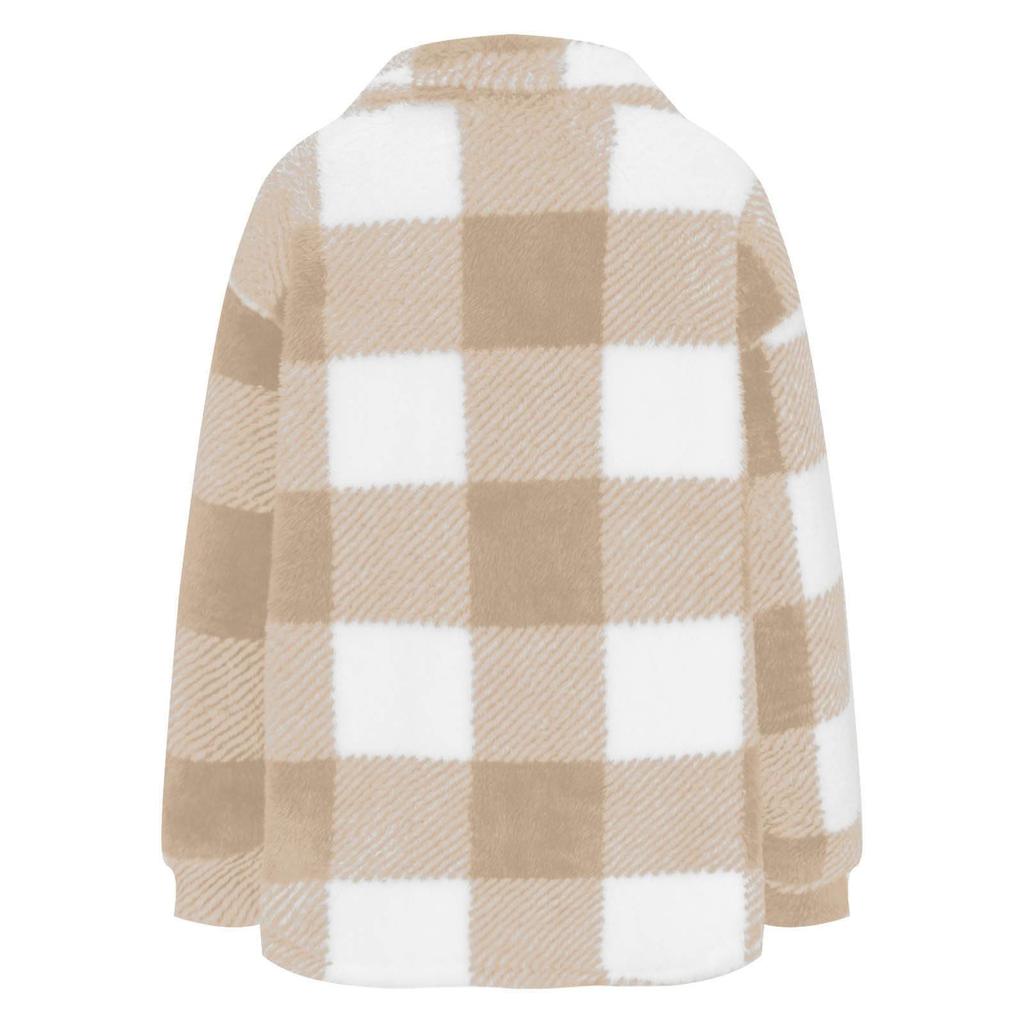 Women's  Winter Fashion Thick Plush Solid Color Plaid Button Long Sleeves Casual Sports Casual Jacket La Fleece Top With Pocket