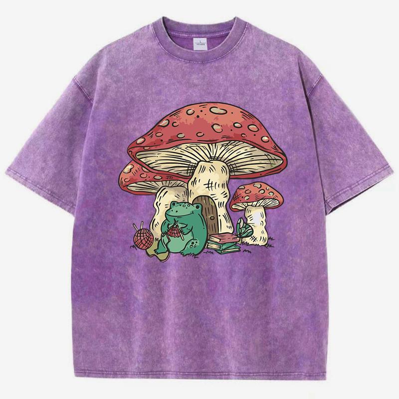 Cute Frog Kinting Mushroom Prints Women Washed T-Shirt Casual Cotton T Shirts Soft Loose Clothes Vintage Summer Short Sleeves