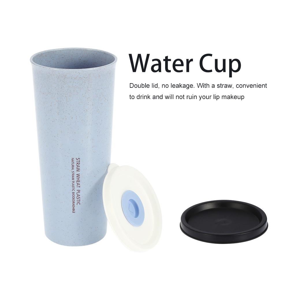 470 ml Wheat Straw Water Cup with Straw Multi Functional Double Lid   Coffee Mug Pink
