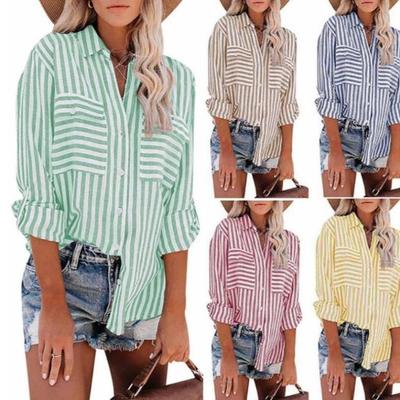 2024 Sommer Damenmode Gestreiftes Langarmhemd Baumwoll-Polyester-Mischung