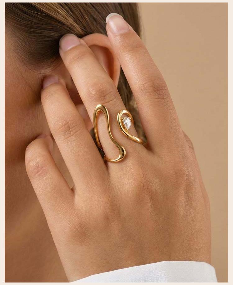 Luxury Adjustable Open Rings PVD Gold Plated Stainless Steel Zircon Geometric Rings for Women Stackable Jewelry Non Tarnish
