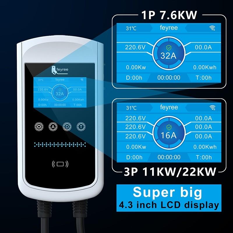 4.3 inch Big Screen EV Charger Type 2  7.6kw Wallbox Charging Station 11kw 22kw 3 Phase Electric Vehicle Charger