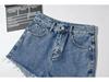 YPFF European & American High-Waist Distressed Denim Shorts for Women - Slimming, Raw Edge, Long Leg Style  
