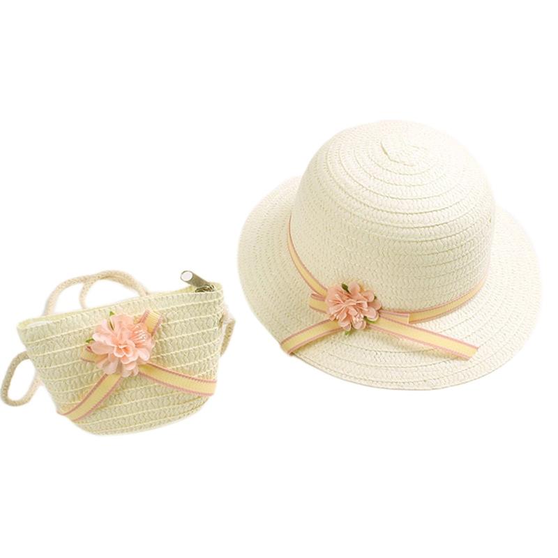 Sun Straw Hat Kids Girls Large Wide Brim Travel Beach Cap Sweet Flower Bowknot Sun for Protection Hat with Shoul