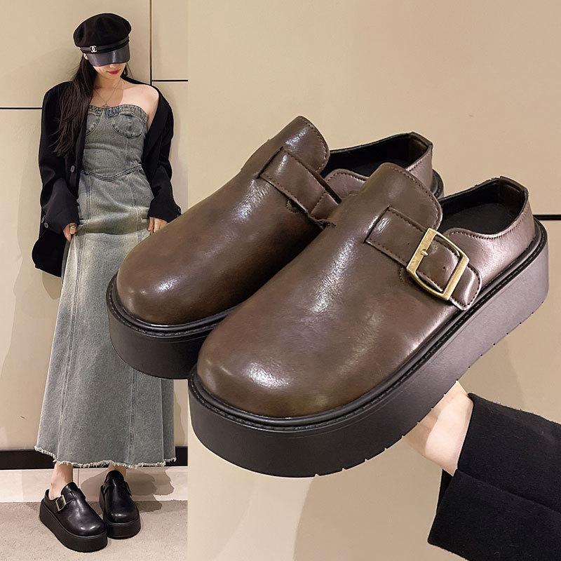 Casual single shoes, lazy one pedal, black leather shoes for women, 2025 new spring and summer thick-soled bag head and half slippers