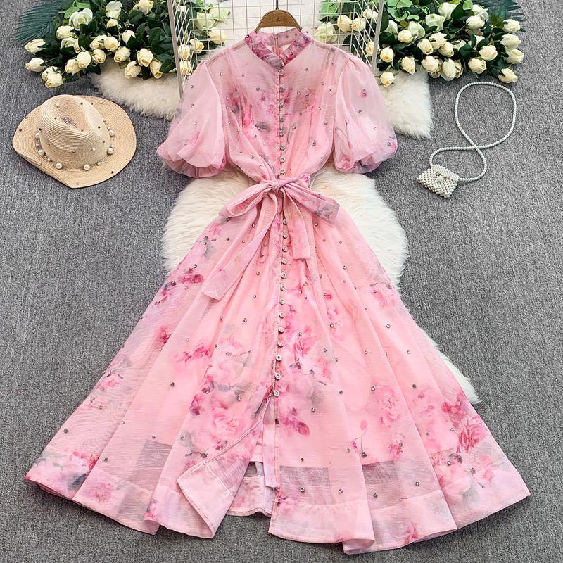 

French style Retro Print Stand Collar Puff sleeve Dress Women Summer Heavy Industry Diamond-Embedded Temperament Slimming Big Hemline Long Skirt Pink 2XL
