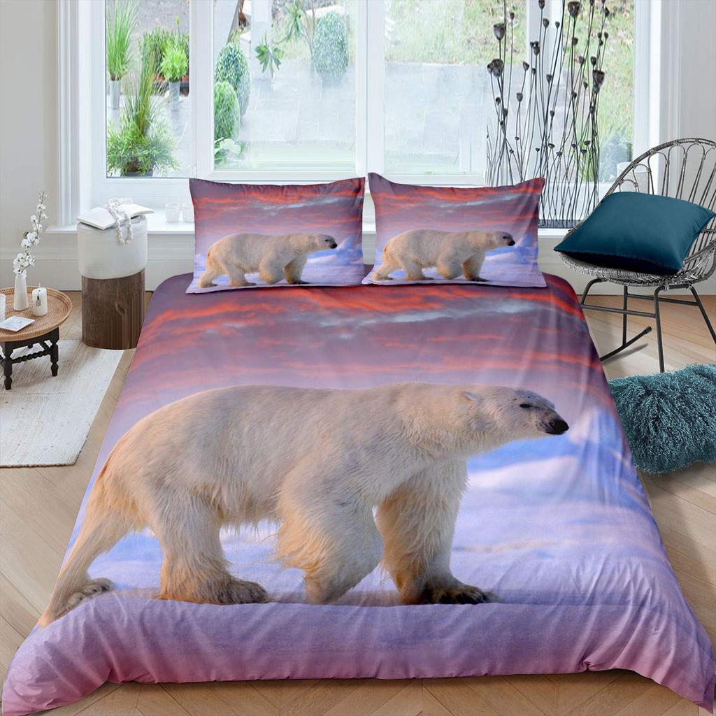 Bear Pattern Bedding Set Polar Bear Duvet Cover for Child Adult,White Bear Snow Mountain Sunset Soft Microfiber Comforter Cover