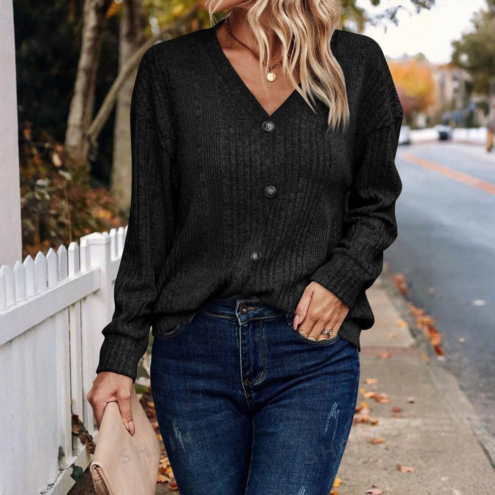 

Женский модный повседневный однотонный трикотажный свитер на пуговицах с V-образным вырезом и длинным рукавом, удобная футболка свободного кроя L чёрный