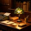 Retro Green Resin Table Light Stained Glass Desk Lamp, Hand-Carved Base Vintage Tiffany Style Decorative Lighting for Bar Bedroom Study Room