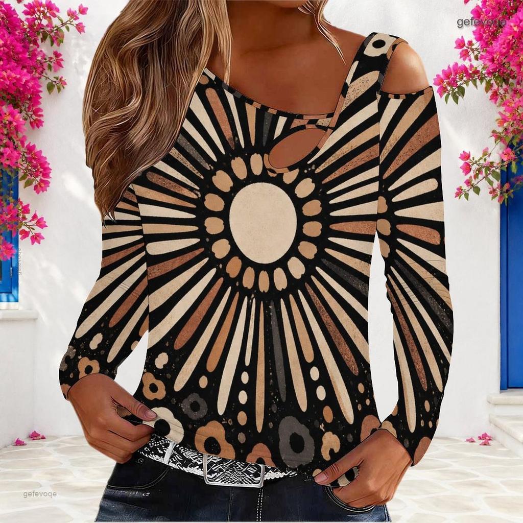 Women Plus Size Fitted Leopard Print Asymmetric Cutout Neck Cold Shoulder Long Sleeve Shirt