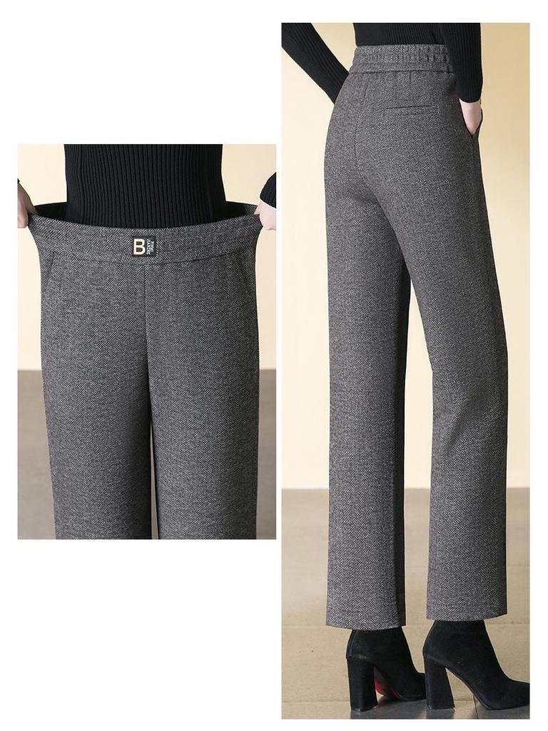 2024 Autumn/Winter High-Waisted Wool Slimming Straight-Leg Cropped Warm Pants for Middle-Aged Women
