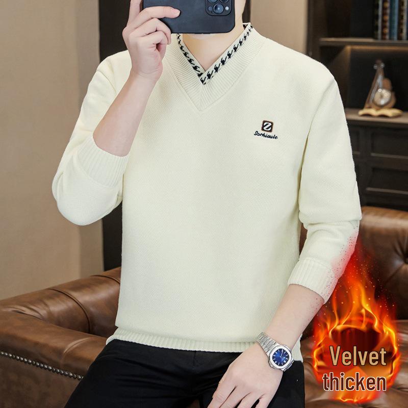 Men s Winter V-Neck Thickened Knit Sweater - Warm, Casual, Versatile Base Layer XL грязно-белый