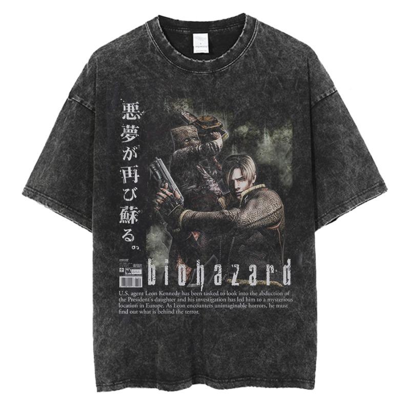 1990S Resident Evil Biohazard Leon Kennedy Oversized T shirt 100% Cotton Vintage Washed T-shirt for women S