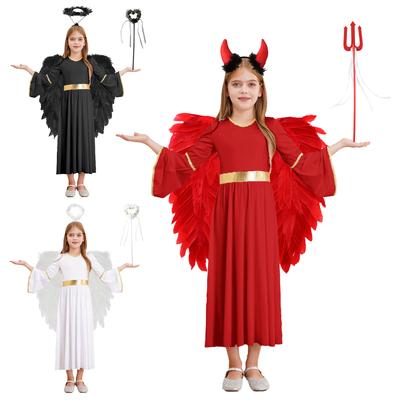 Mädchen Engel Cosplay Kostümset Engelkleid Federflügel Stirnband Feenstäbe Halloween Party Aufführung