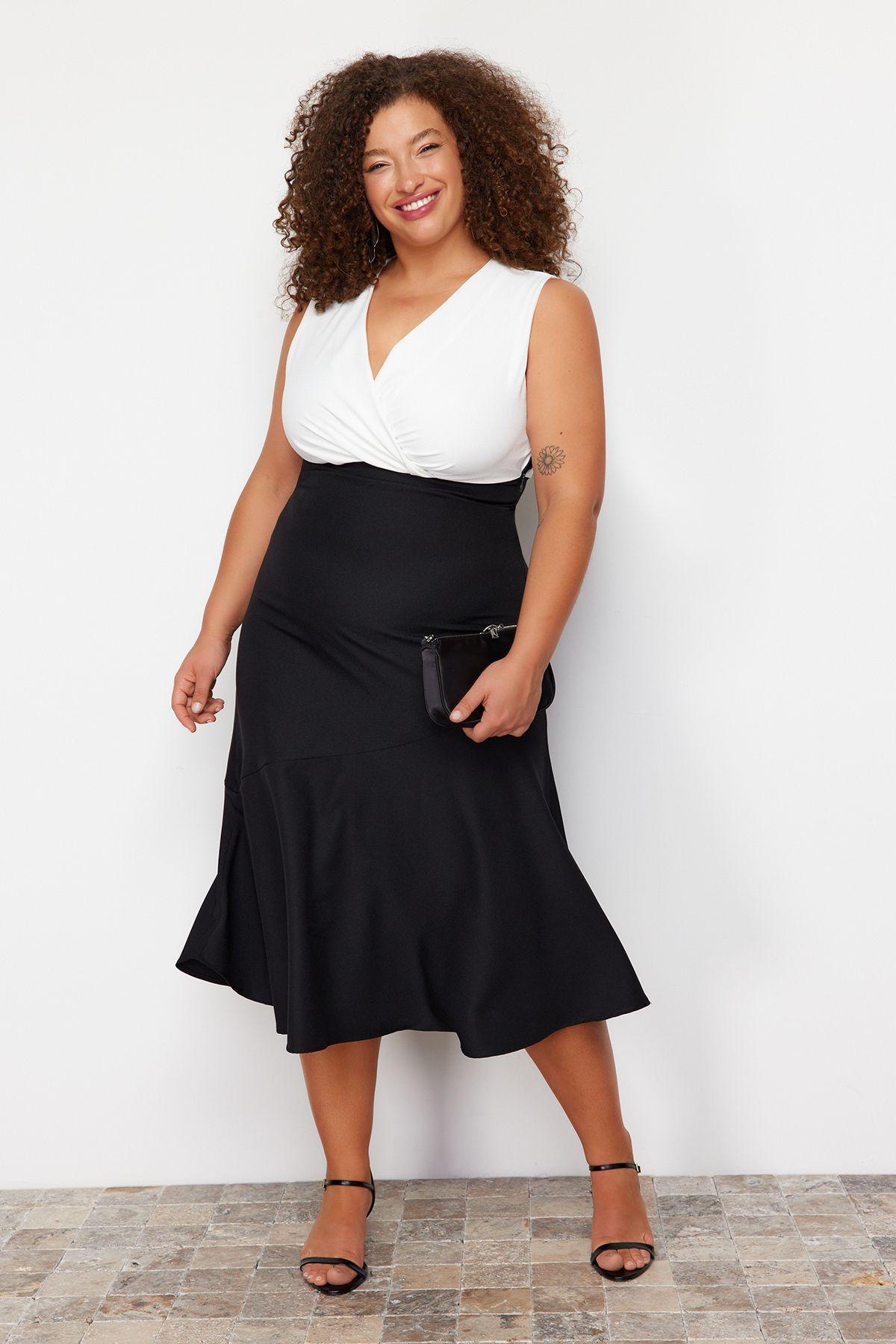 

Women s Style Plus Size Dress Black Color Block Midi Woven Dress XL