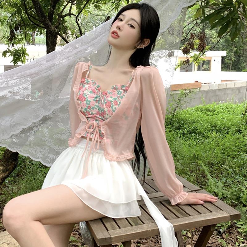 Dámské letní tenký svetřík na opalování, dlouhý rukáv, šněrování, jednobarevné, ležérní šifonové přikrývky