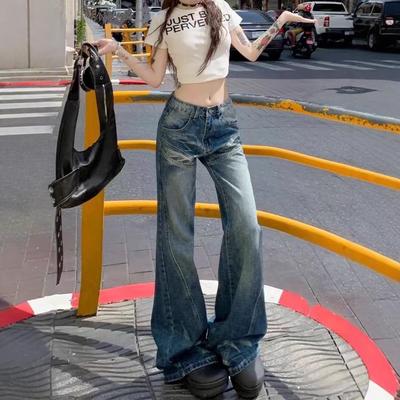 Amerikanska Retro Låg Midja Utsvängda Jeans för Kvinnor - Sommar 2025 Kollektion, Lös Passform, Raka Ben Design