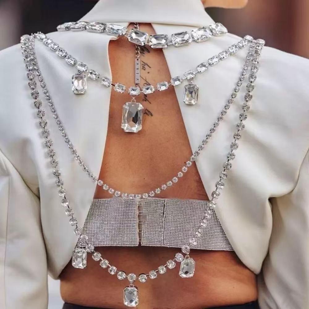 Tassels Shoulder Chain Necklace Big Square Pendant Shine Rhinestone Necklace Wedding