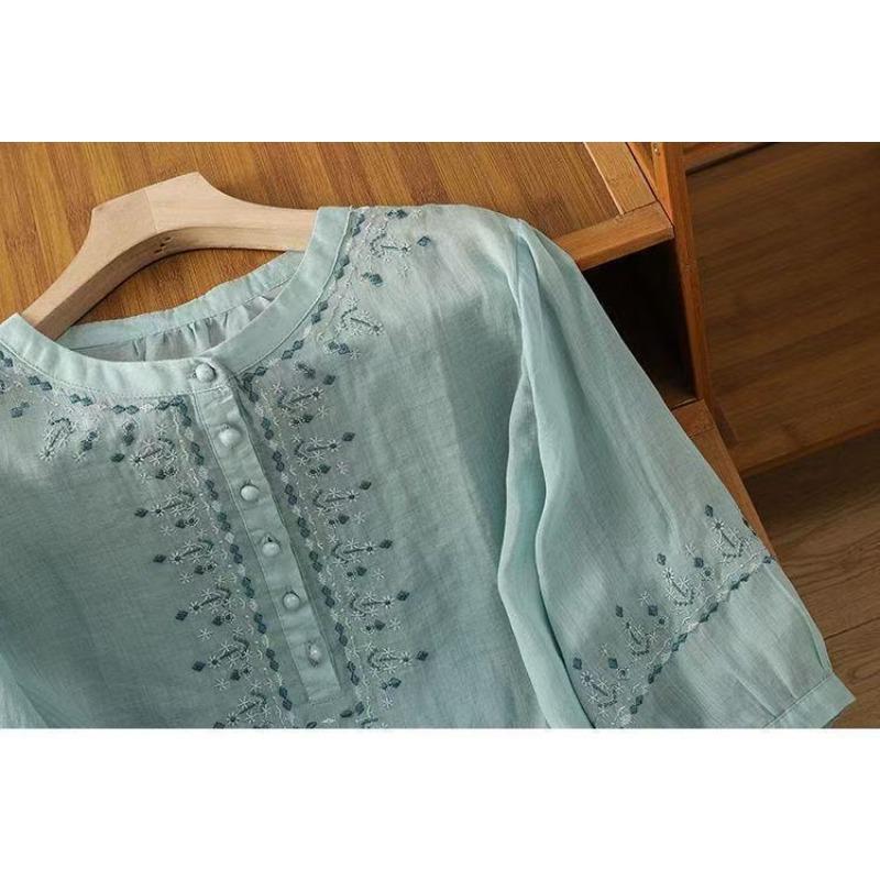 Retro Pure Cotton Five Quarter Sleeved Shirts Middle-aged Mom Loose Belly Covering Top Embroidered Women's Blouses & Shirts
