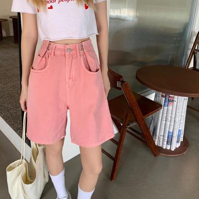 Summer Casual Outerwear Slimming Wide Leg Mid Length Pants Pink High Waisted Cropped Pants for Female Students Korean Version Loose Denim Shorts