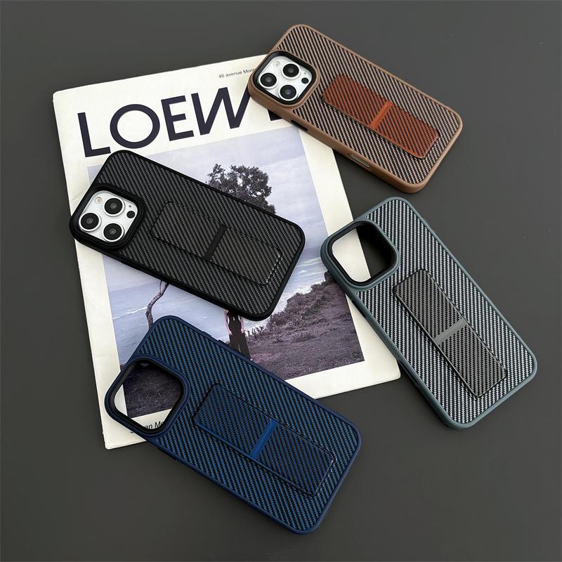 Carbon Fiber Pattern With Folding Push-pull Bracket Phone Case For iPhone 16 Plus 15 14 13 Pro Max Luxury Shockproof Cover