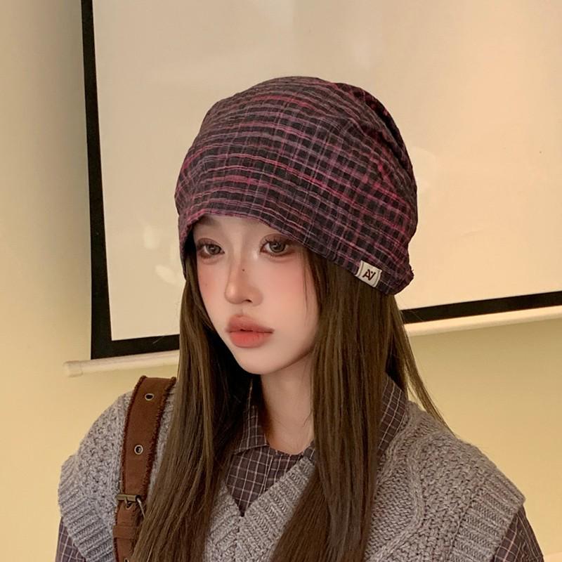

Retro Plaid Tie-Up Head Wrap Hat for Large Heads - Slimming Look, Loose Fit, Cool Spicy Girl Style One Size