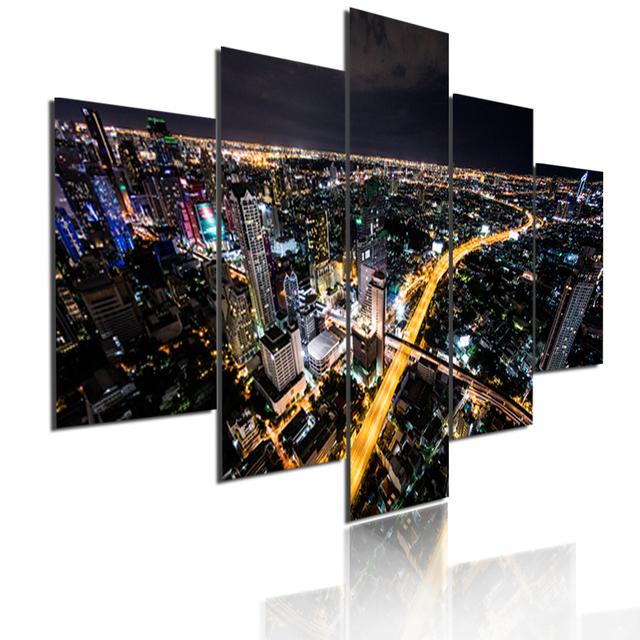 5 Pieces Modular Picture Bustling Cityscape Poster HD Printed Wall Art Modern Metropolis Skyscrapers Canvas Painting Home Decor