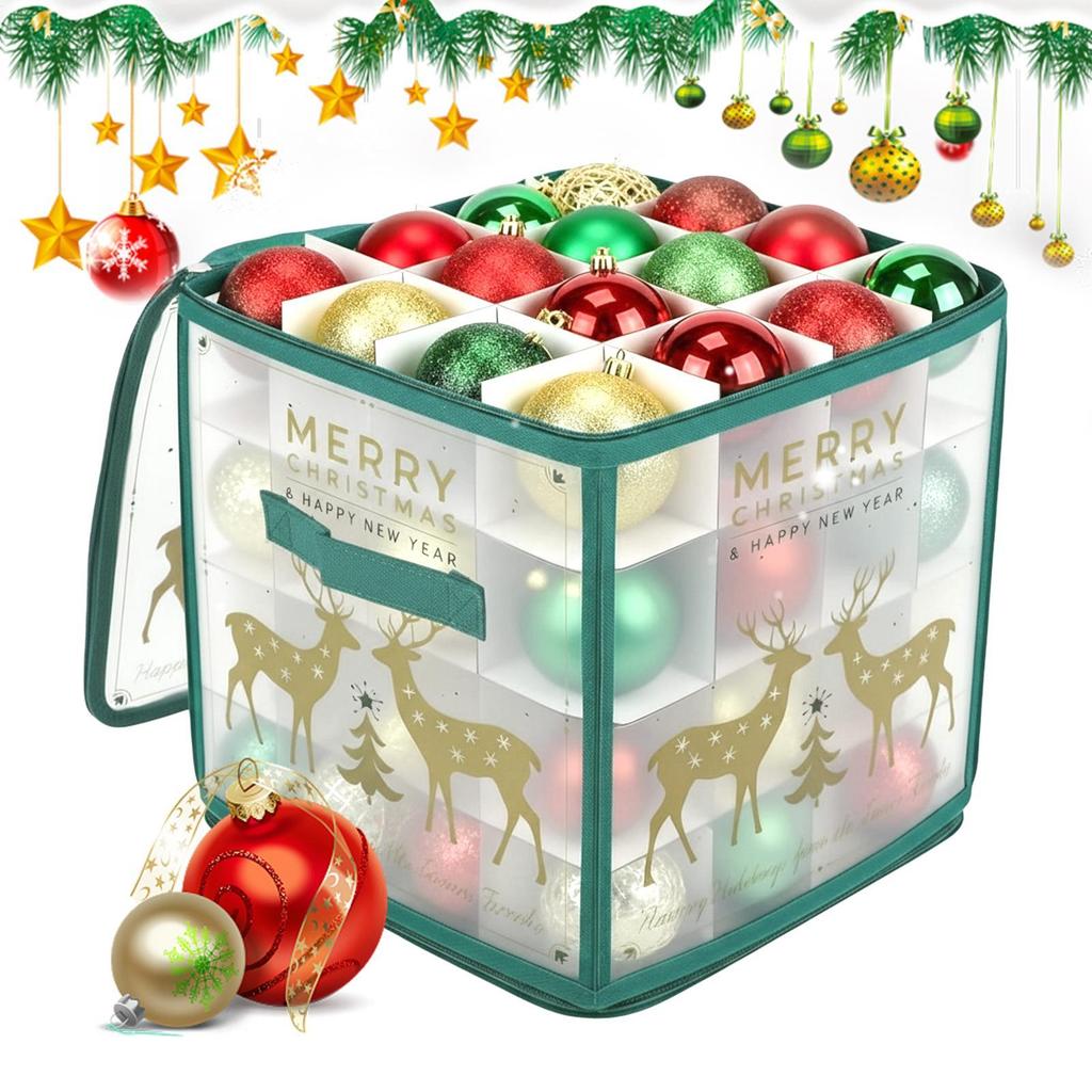 Christmas Ornament Storage Box 64-Grid Seasonal Decorative Ball Organizer Christmas Ornament Keeper with Dividers