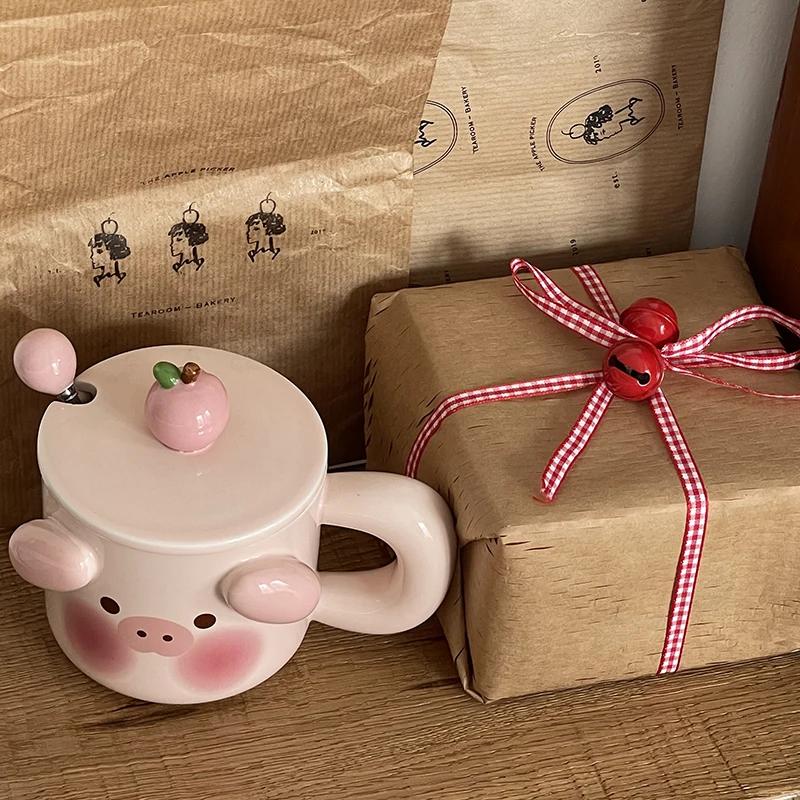 Mark Cup Cute Cartoon with Cover Spoon Couple Ceramic Men and Women Creativity Gift Birthday Hand Gift Boxed Water Cup 400ml 1Pc