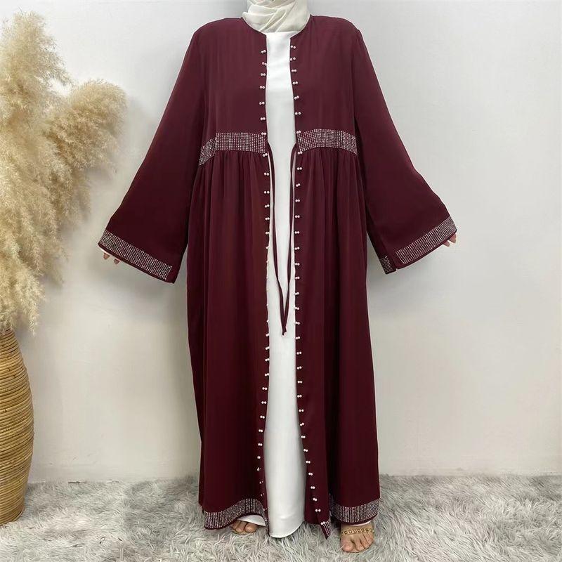 

New Arrival Middle East Pure Color Hot Drilling Beading Shoelace Cardigan Robe Dress Lace up Cardigan Dress Jujube Red L