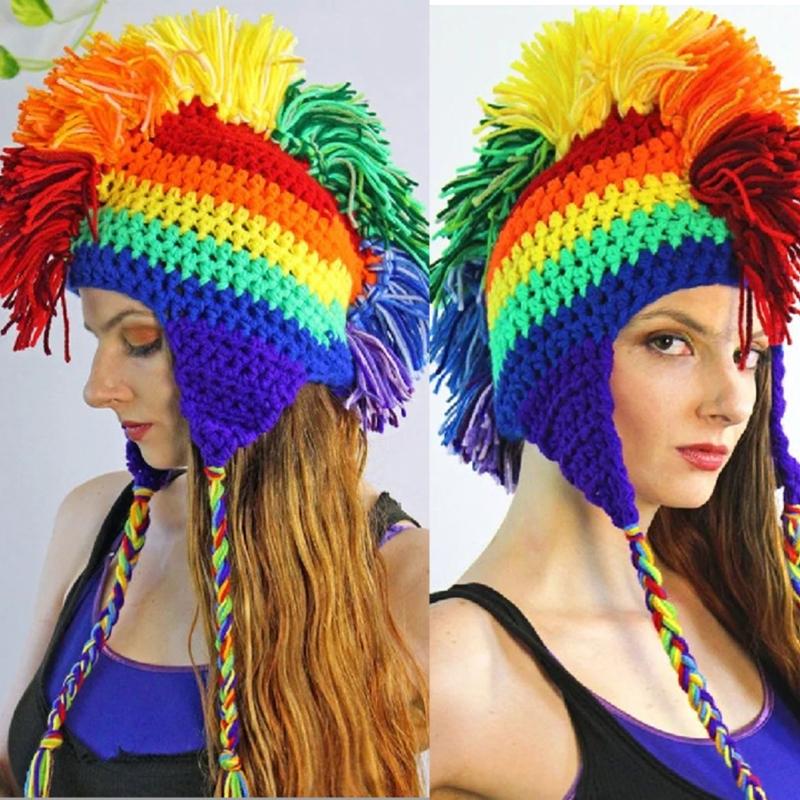 Halloween Funny Hat Roman Knight Hat Rainbow Striped Beanie Knit Beanie Earflap Hooded Rainbow Novelty Hat