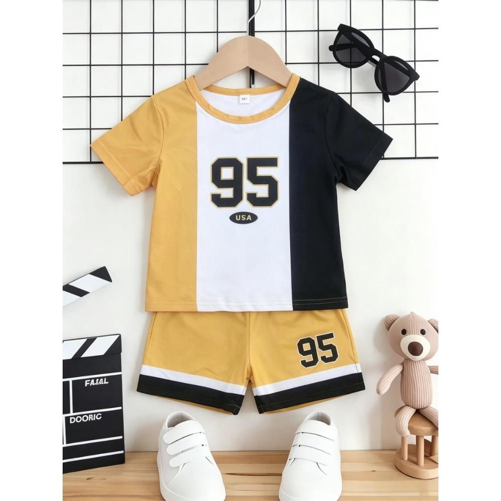 Summer Boys Sports Printed Short Sleeve Color blocked Shorts Set 150