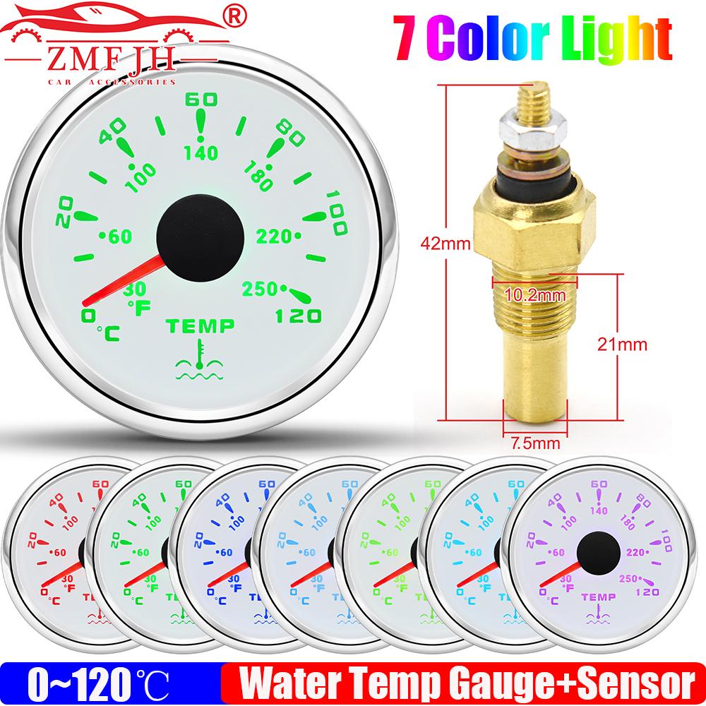 0~120℃,30~250℉ 52MM Water Temperature Gauge+Water Temp Sensor 10.2MM,12MM,16MM,17MM,21MM 7 Color Light for Boat Yacht Car 12V24V