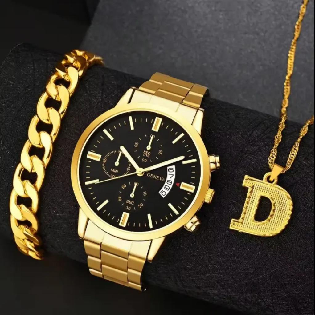 Men'S Casual Trend Business Fake Three-Eye Calendar Quartz Watch + Bracelet + Necklace (3Pcs/Set) Men'S Watch