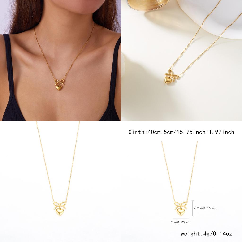 Minimalist Butterfly Bow Heart Pendant Necklace With Gold Plated Stainless Steel For Women