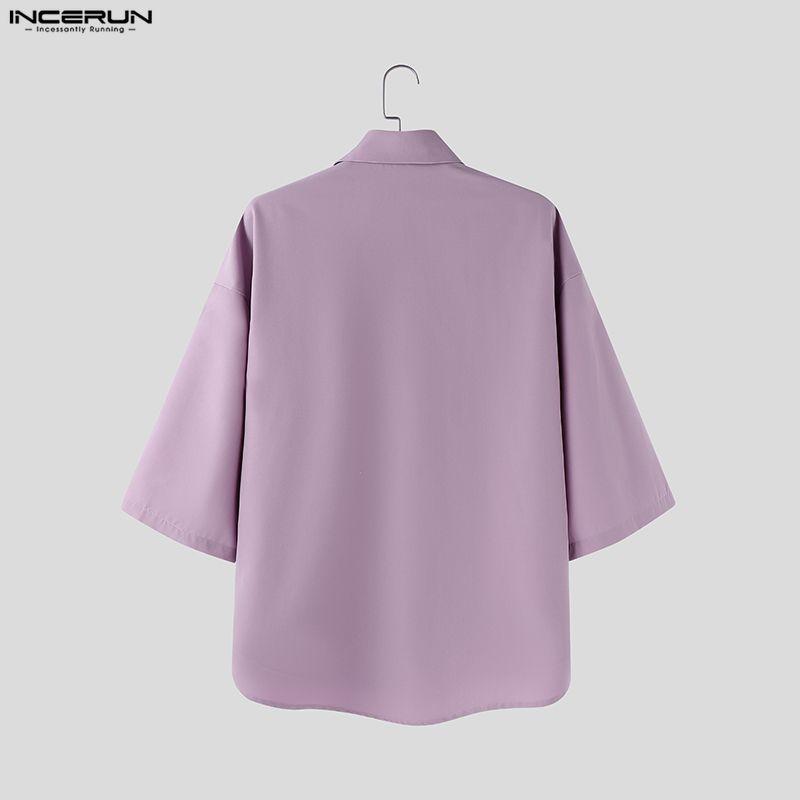 INCERUN Oversized Men Lapel Neck Half Sleeve Solid Buttons Casual Shirts Tops