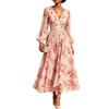 Women's Floral Print V-Neck Long Sleeve Dress with Pleated Skirt and Cinched Waist