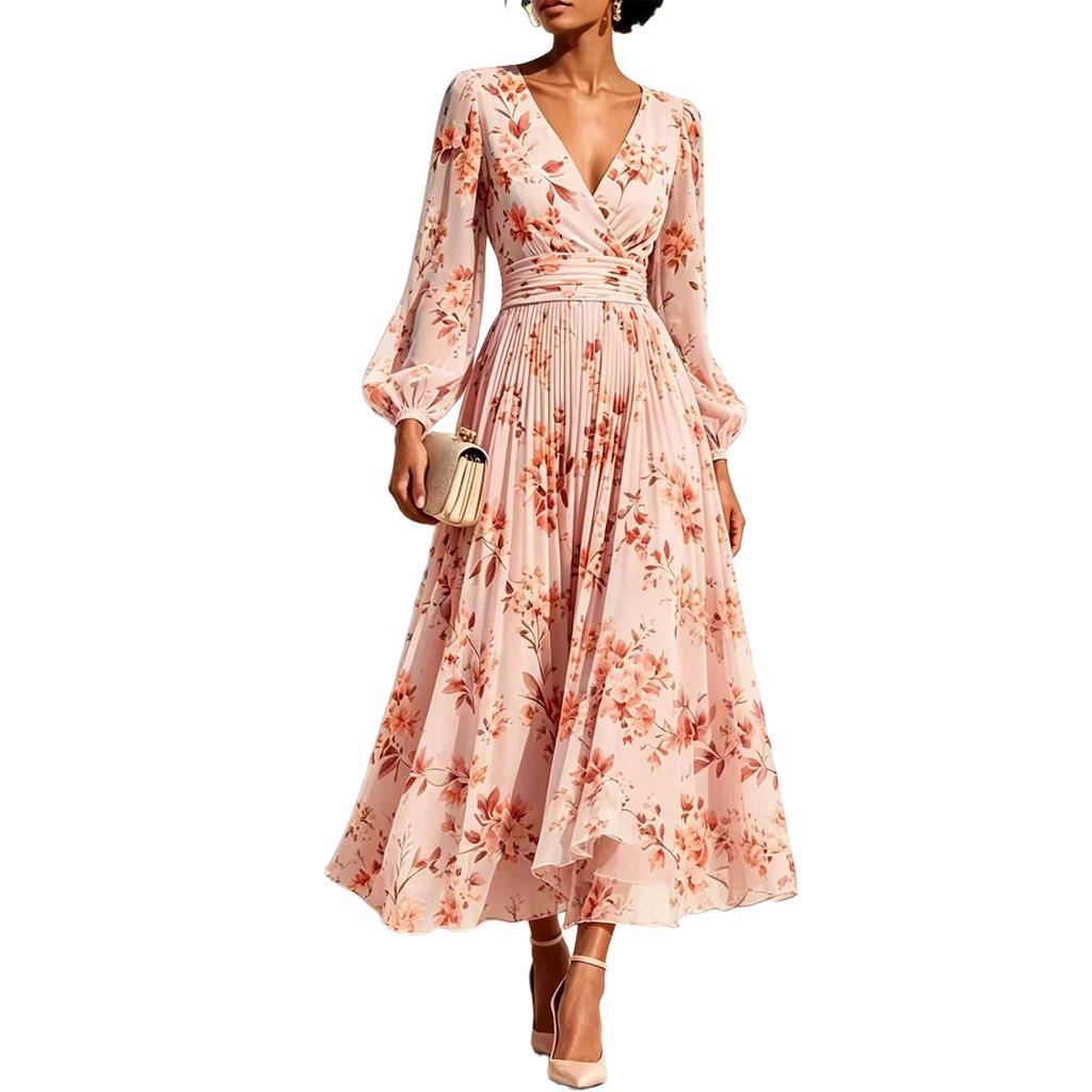 Women's Floral Print V-Neck Long Sleeve Dress with Pleated Skirt and Cinched Waist