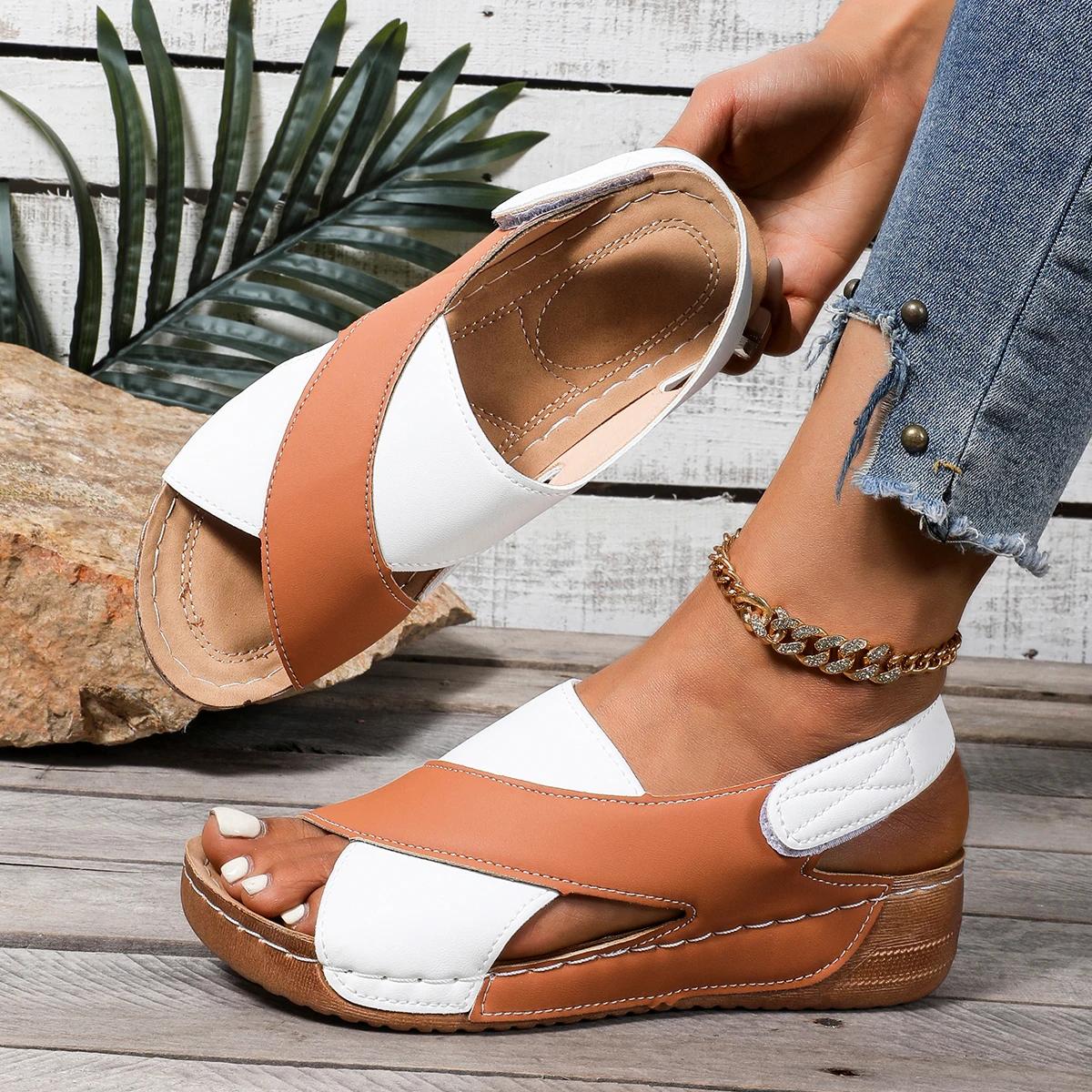 

Fashion Mix Color Women Wedge Sandals 2025 new Comfortable Non Slip Beach Shoes Woman PU Leather Platform Roman Sandals Sandalias Mujer 36 коричневий